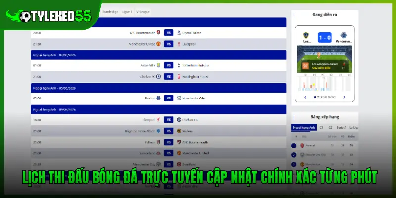 Lịch thi đấu bóng đá trực tuyến cập nhật chính xác từng phút