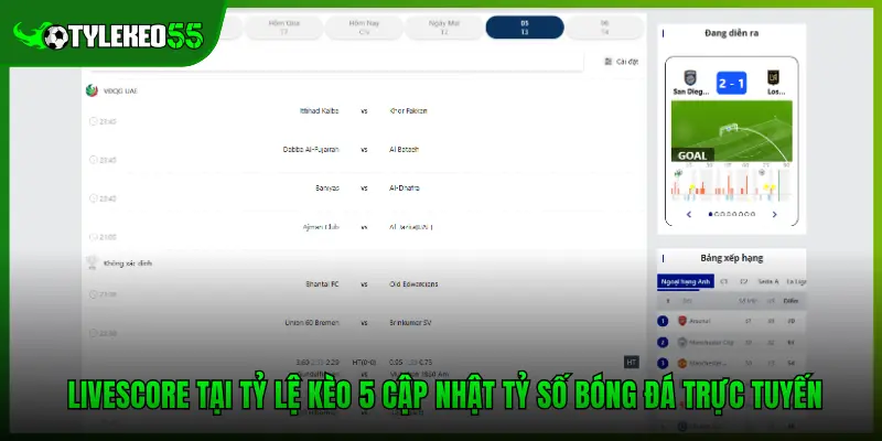 Livescore tại Tỷ lệ kèo 5 cập nhật tỷ số bóng đá trực tuyến